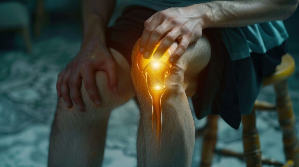 A person holding their knee with a glowing internal joint, symbolizing knee swelling after surgery.