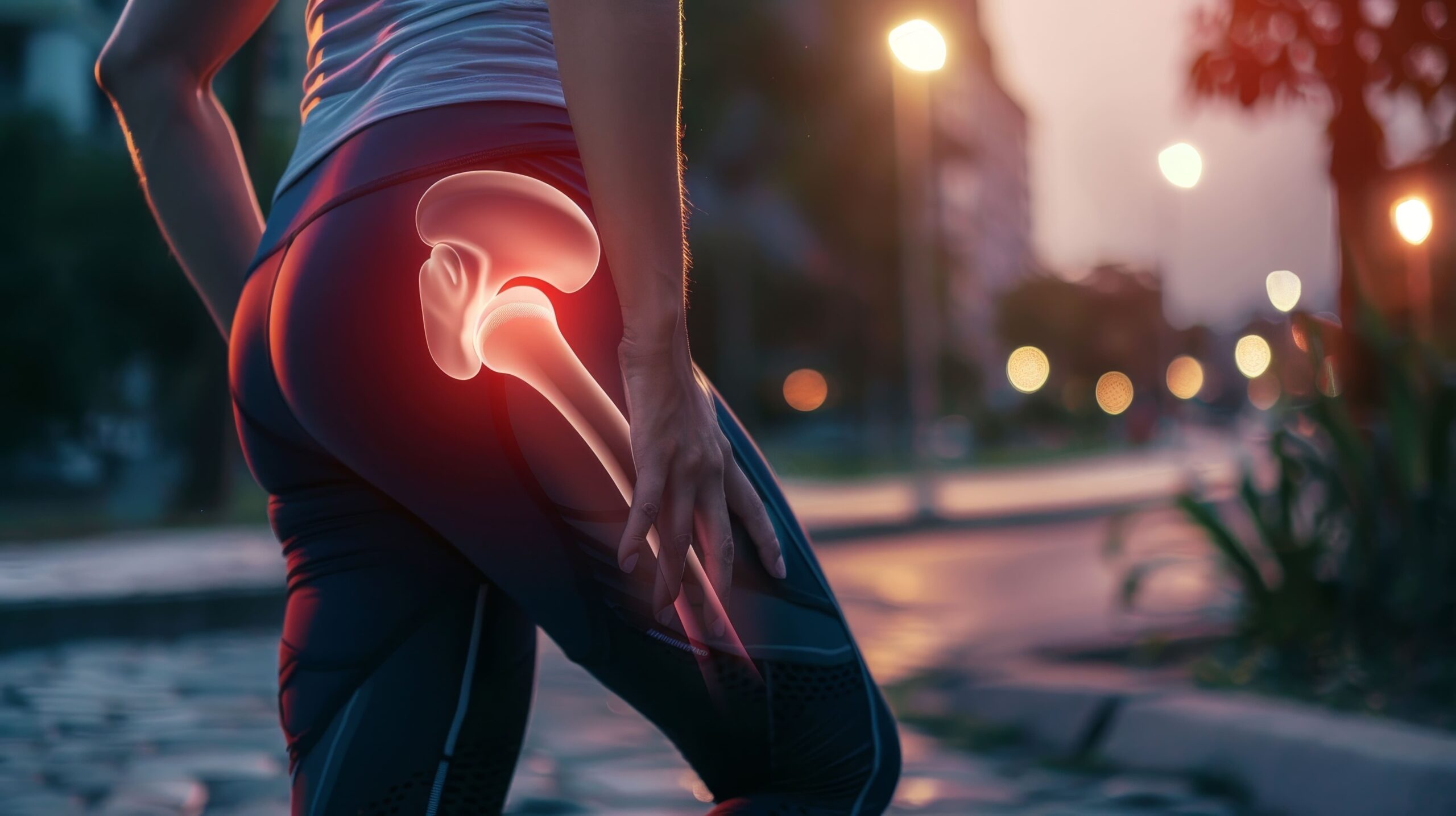 A person holding their hip while jogging, with a highlighted illustration of the hip joint indicating pain and the need for rehabilitation.