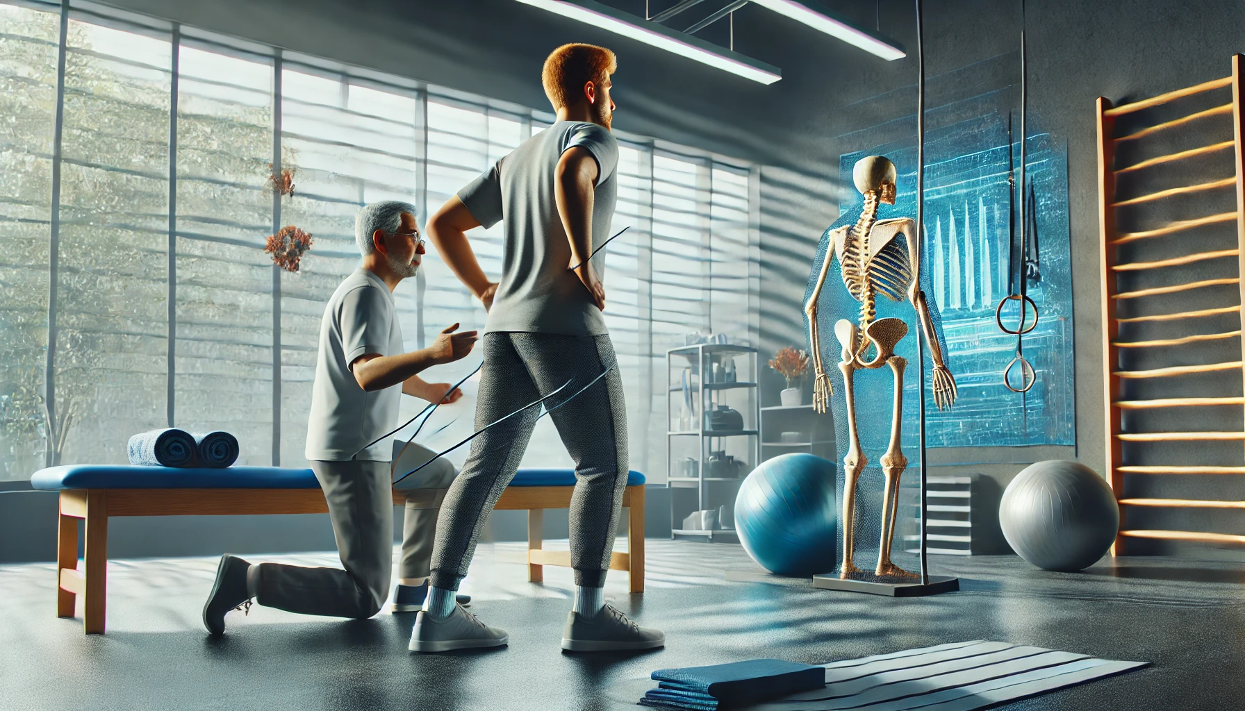 Person undergoing hip replacement recovery rehabilitation in a physical therapy room.