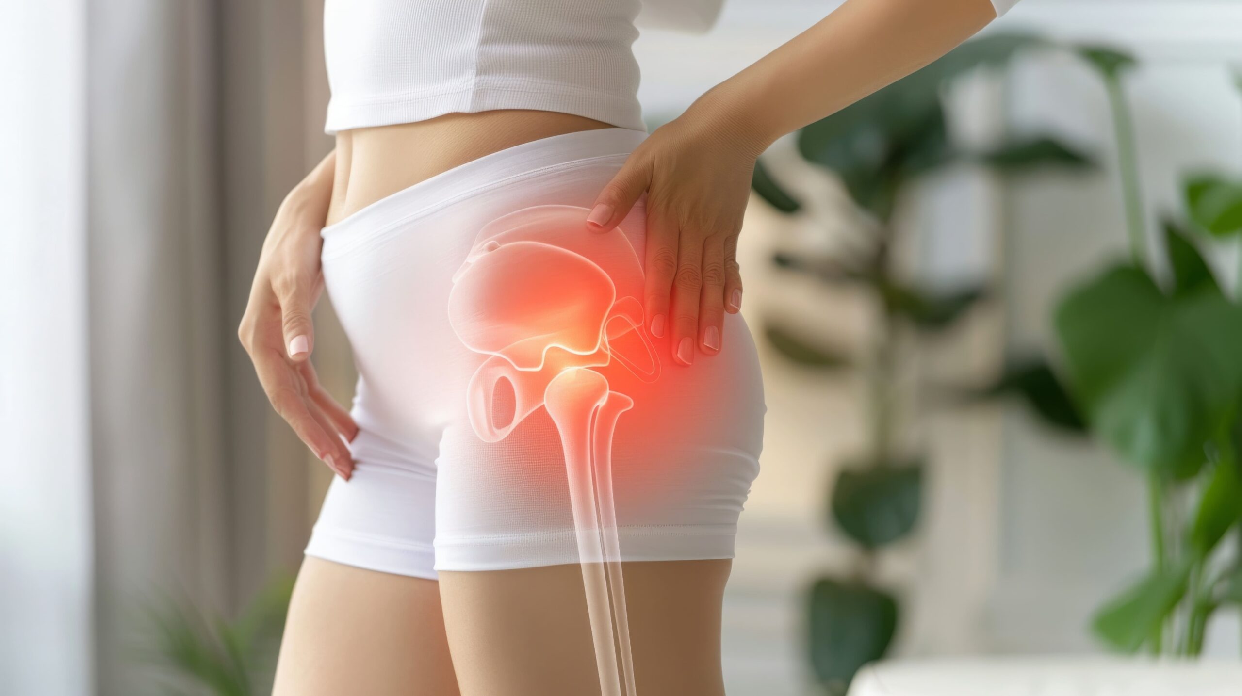 Woman holding her hip with a highlighted illustration of the hip joint, indicating pain and the need for invasive hip replacement rehabilitation.