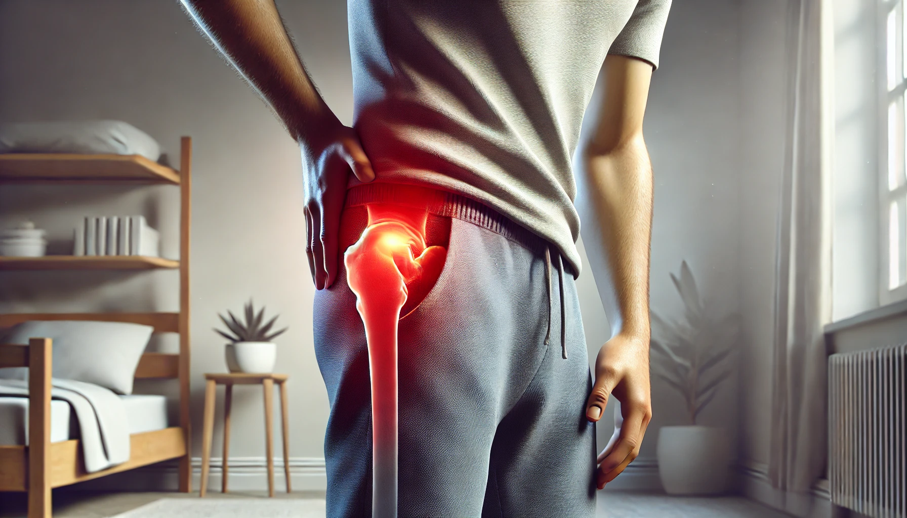 A person experiencing Hip pain while holding their hip area with visible discomfort.
